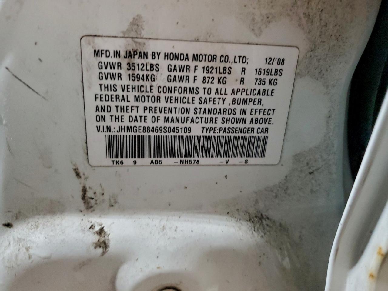 2009 Honda Fit Sport VIN: JHMGE88469S045109 Lot: 93924475