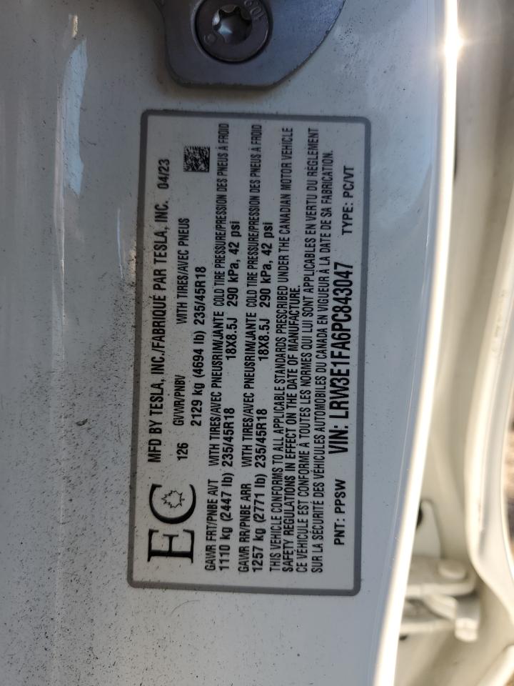 2023 Tesla Model 3 VIN: LRW3E1FA6PC843047 Lot: 90606955