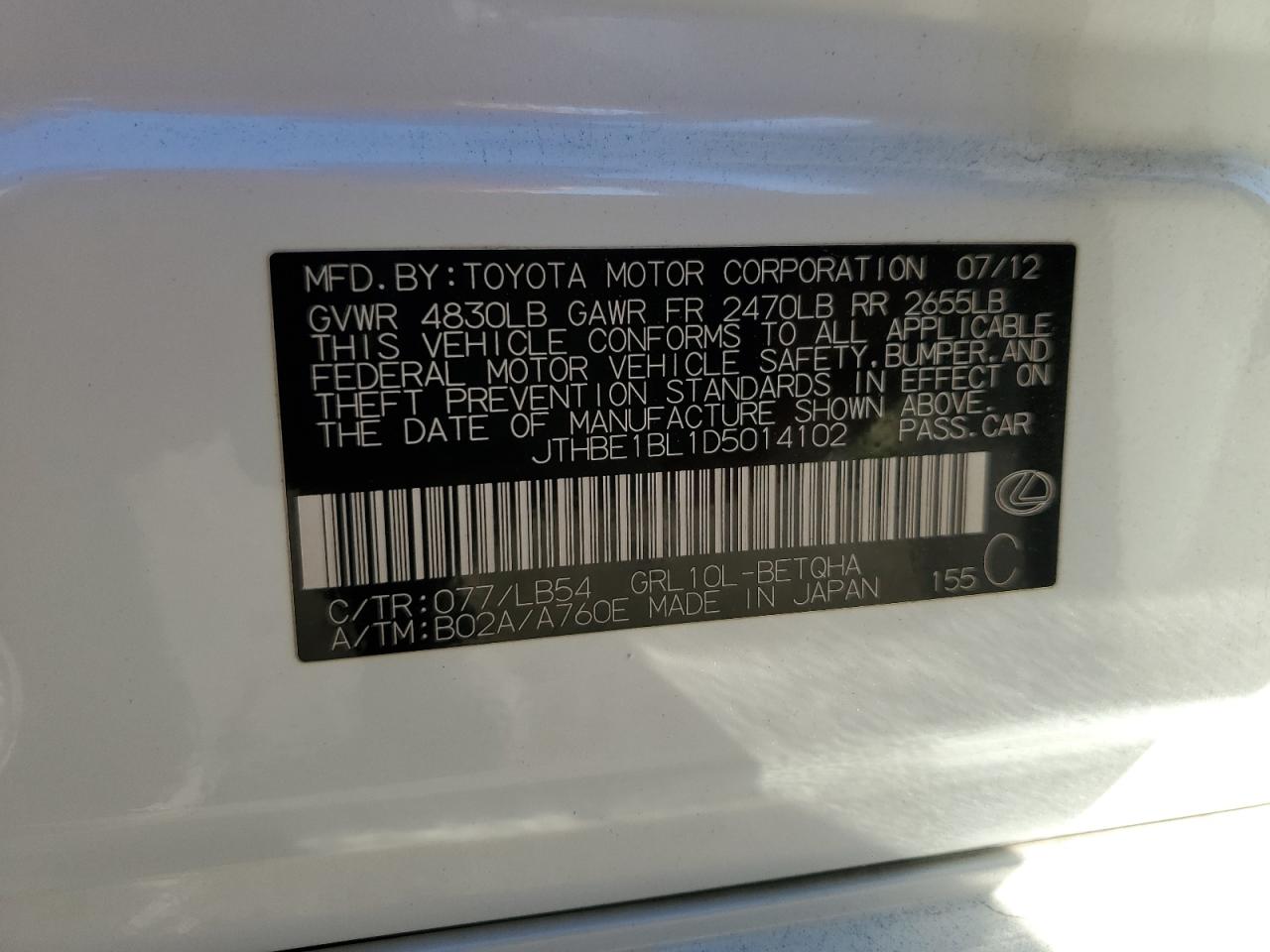 2013 Lexus Gs 350 VIN: JTHBE1BL1D5014102 Lot: 91969195