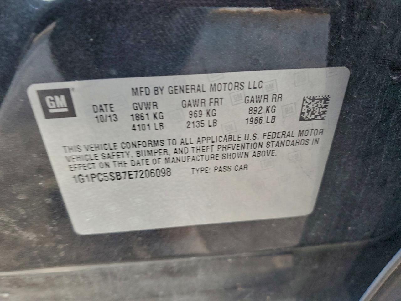 2014 Chevrolet Cruze Lt VIN: 1G1PC5SB7E7206098 Lot: 94632585