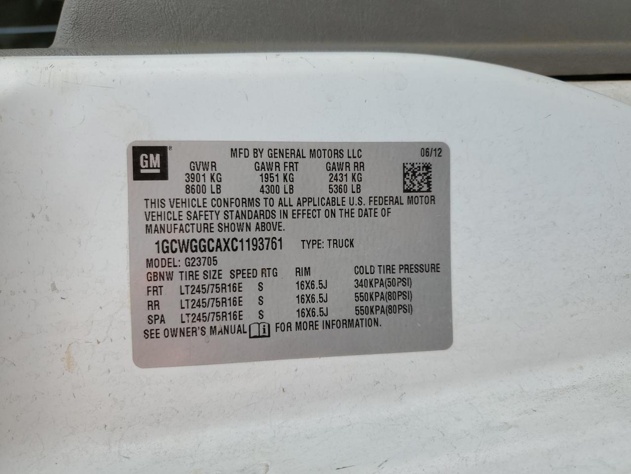 2012 Chevrolet Express Delivery Van VIN: 1GCWGGCAXC1193761 Lot: 93132555