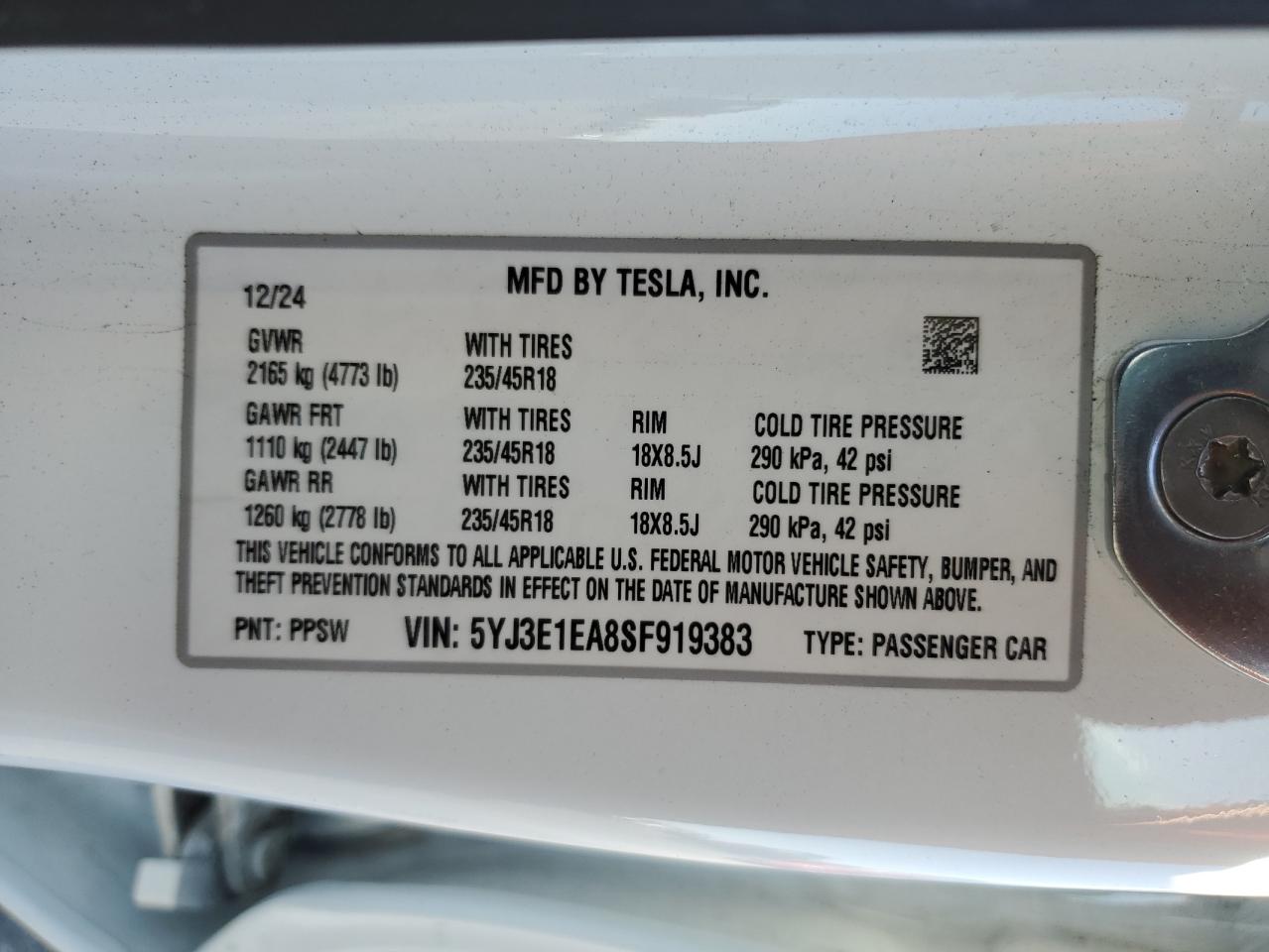 2025 Tesla Model 3 VIN: 5YJ3E1EA8SF919383 Lot: 90033725