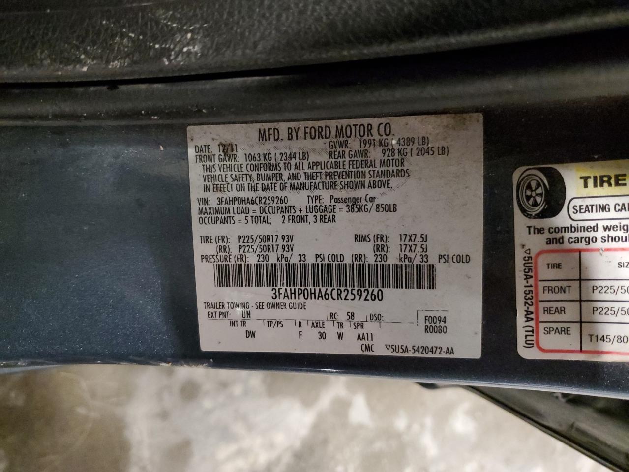 2012 Ford Fusion Se VIN: 3FAHP0HA6CR259260 Lot: 92069255