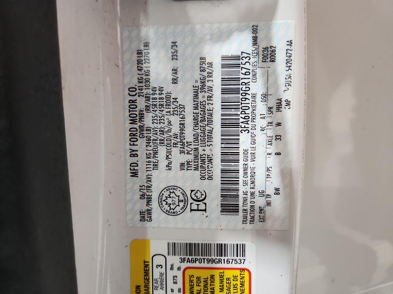 2016 Ford Fusion Se VIN: 3FA6P0T99GR167537 Lot: 93429495