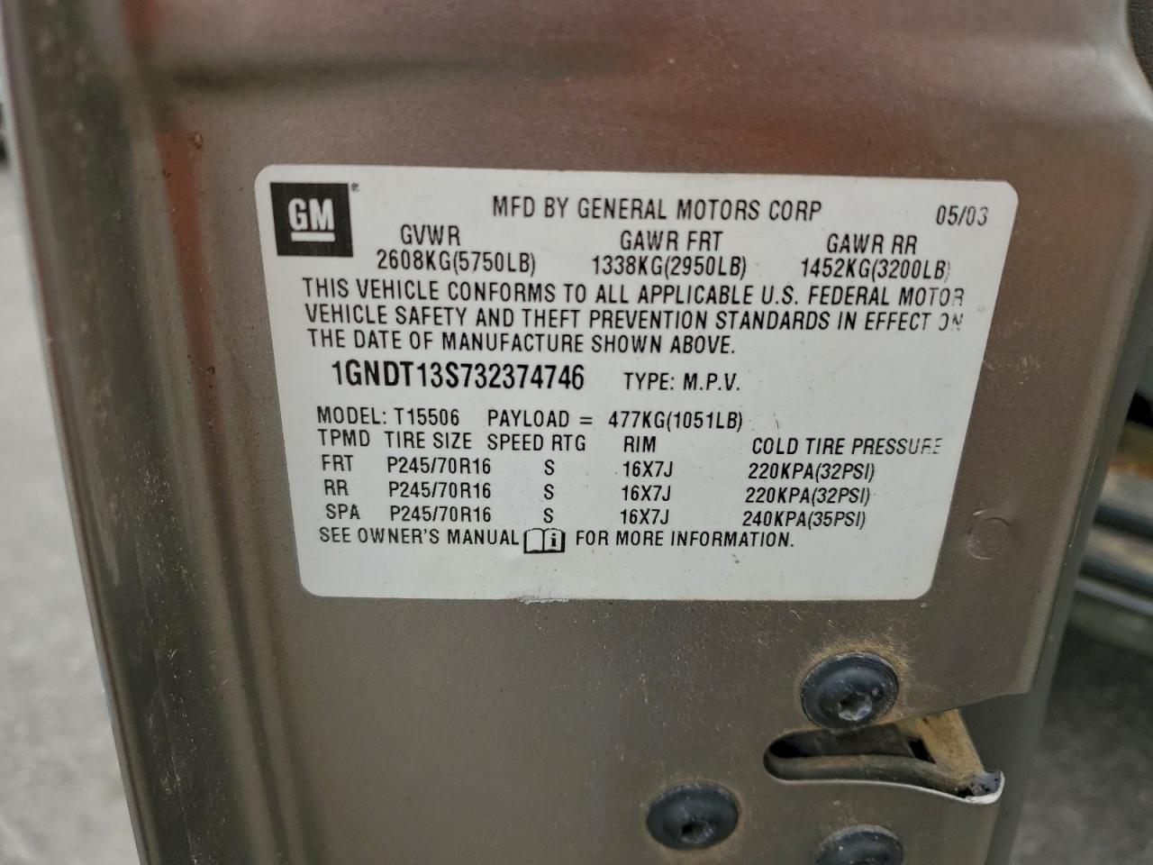 2003 Chevrolet Trailblazer VIN: 1GNDT13S732374746 Lot: 93247955