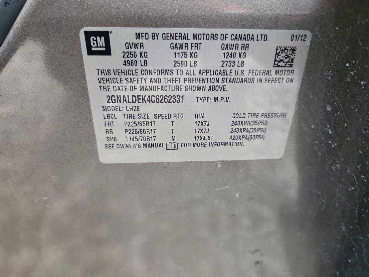 2012 Chevrolet Equinox Lt VIN: 2GNALDEK4C6262331 Lot: 93102055