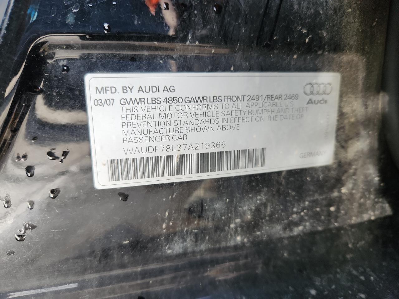 2007 Audi A4 2.0T Quattro VIN: WAUDF78E37A219366 Lot: 92057545