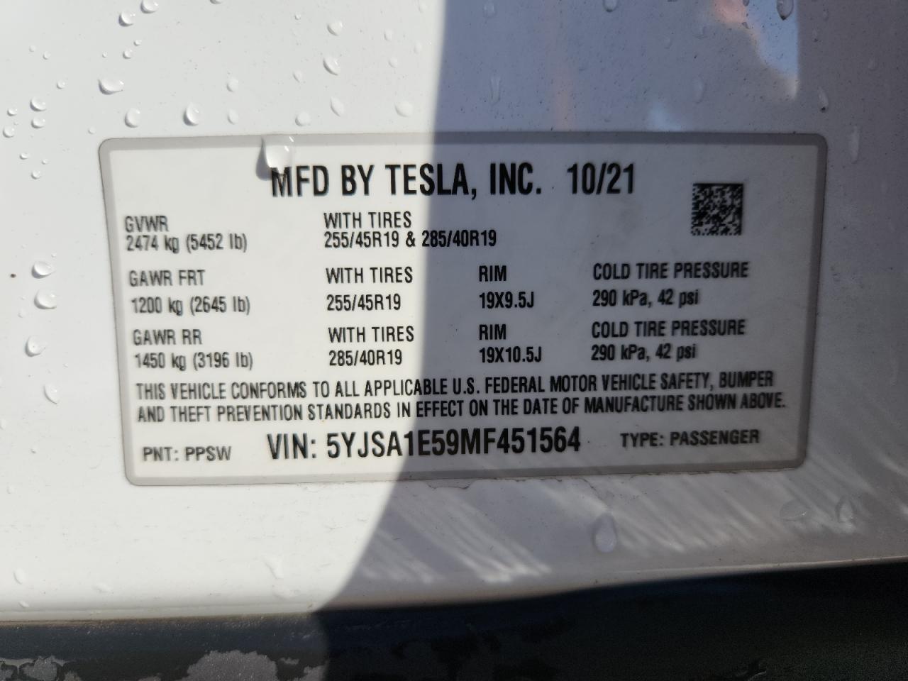 2021 Tesla Model S VIN: 5YJSA1E59MF451564 Lot: 93069175