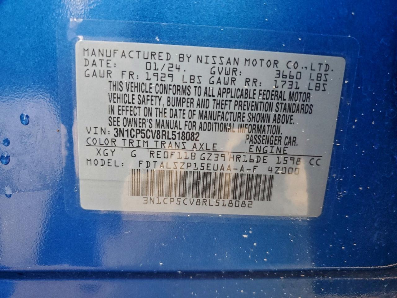 2024 Nissan Kicks Sv VIN: 3N1CP5CV8RL518082 Lot: 92416865