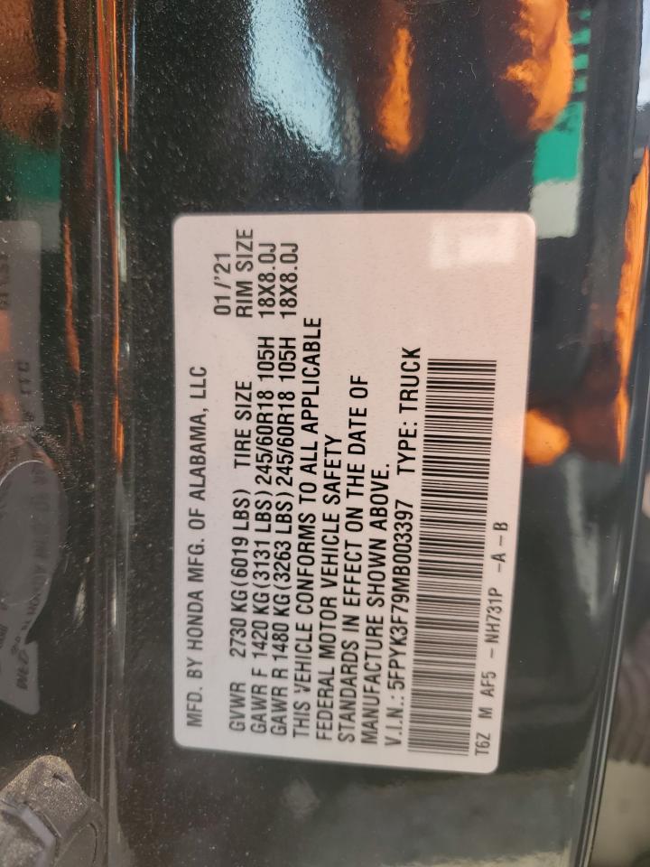 2021 Honda Ridgeline Rtl VIN: 5FPYK3F79MB003397 Lot: 90951085