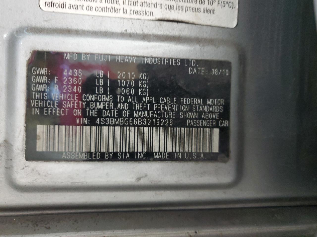 2011 Subaru Legacy 2.5I Premium VIN: 4S3BMBG66B3219226 Lot: 92490735