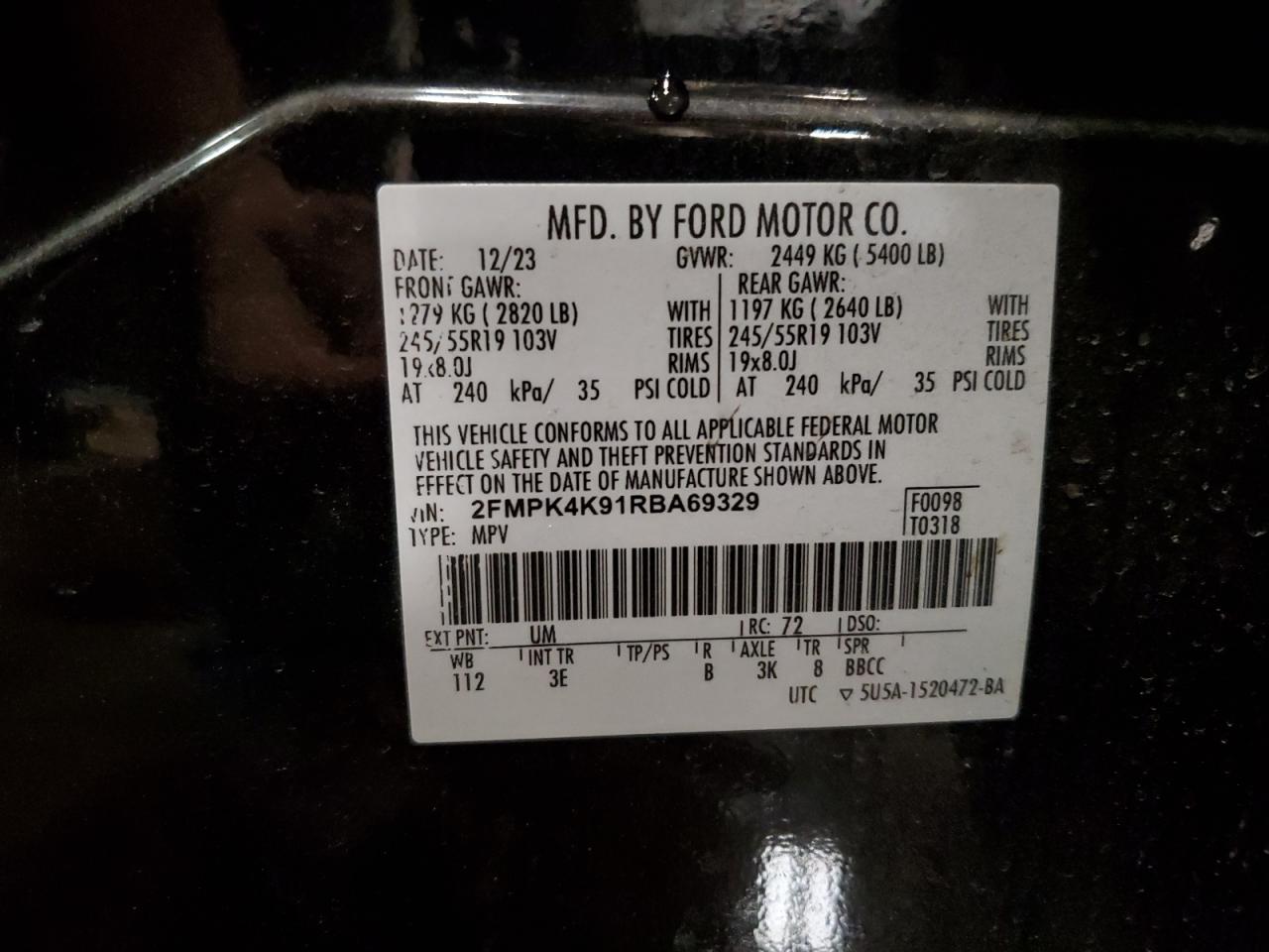 2024 Ford Edge Titanium VIN: 2FMPK4K91RBA69329 Lot: 93269085