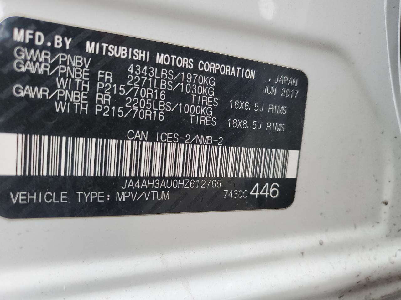 2017 Mitsubishi Rvr Se VIN: JA4AH3AU0HZ612765 Lot: 90676705