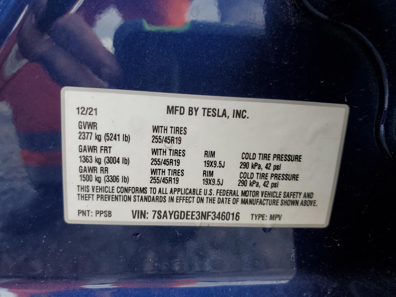 2022 Tesla Model Y VIN: 7SAYGDEE3NF346016 Lot: 93080495