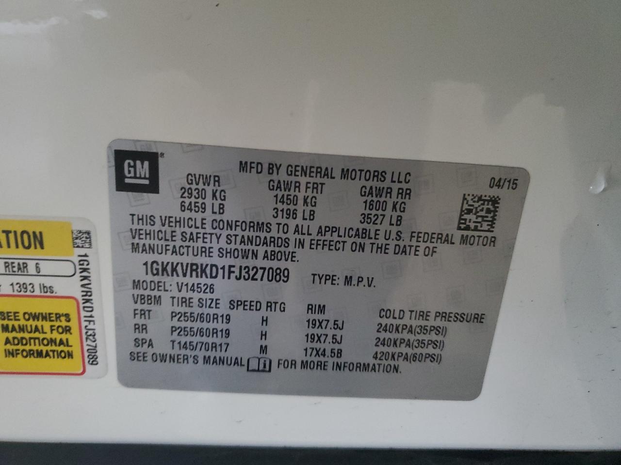 2015 GMC Acadia Slt-1 VIN: 1GKKVRKD1FJ327089 Lot: 93070605