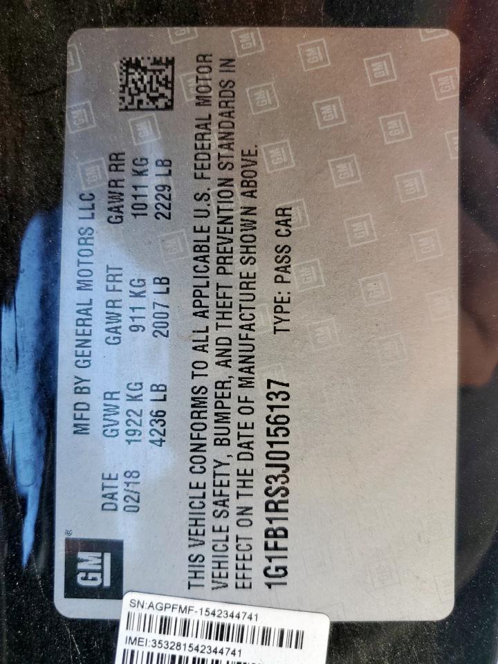 2018 Chevrolet Camaro Lt VIN: 1G1FB1RS3J0156137 Lot: 92425865