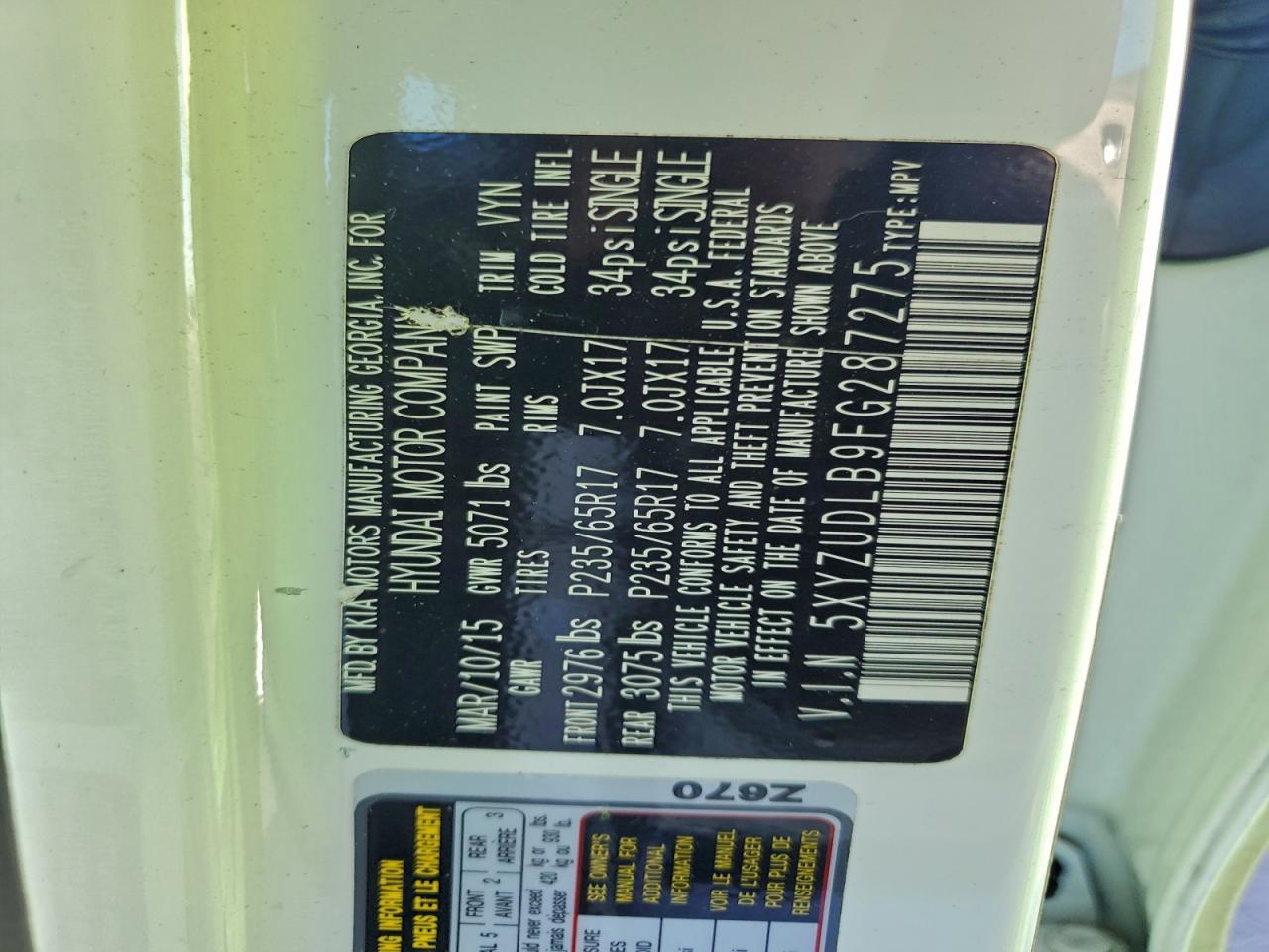 2015 Hyundai Santa Fe Sport VIN: 5XYZUDLB9FG287275 Lot: 94212205