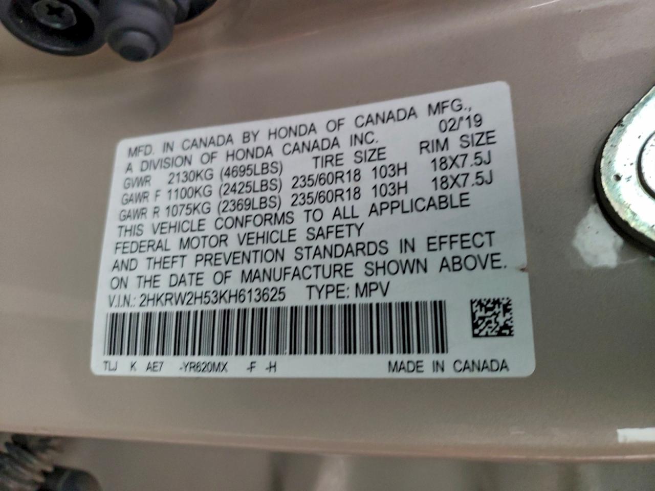 2019 Honda Cr-V Ex VIN: 2HKRW2H53KH613625 Lot: 94196525