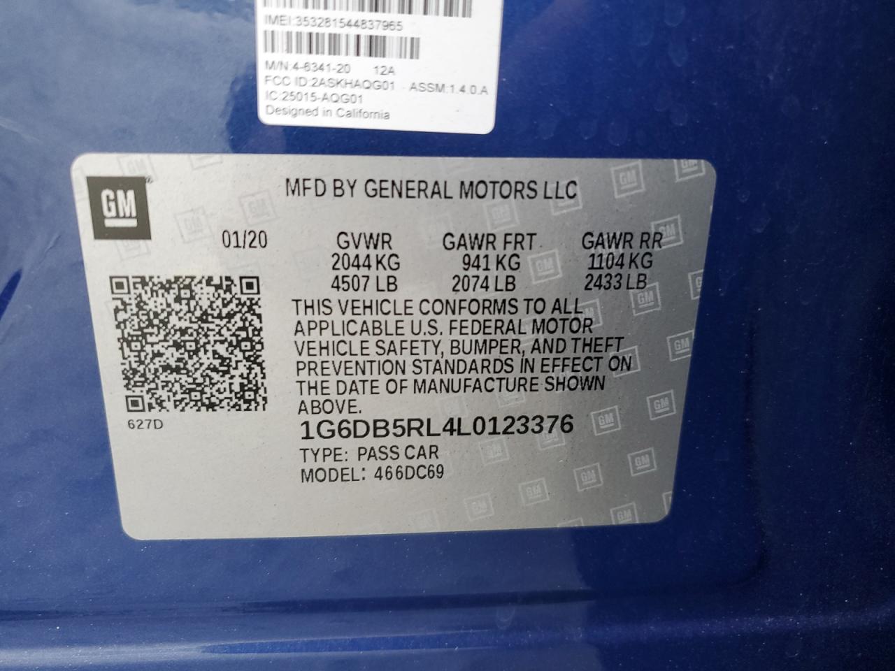 2020 Cadillac Ct4 Premium Luxury VIN: 1G6DB5RL4L0123376 Lot: 93511885