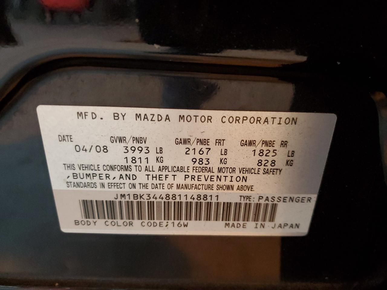 2008 Mazda 3 Hatchback VIN: JM1BK344881148811 Lot: 91100715