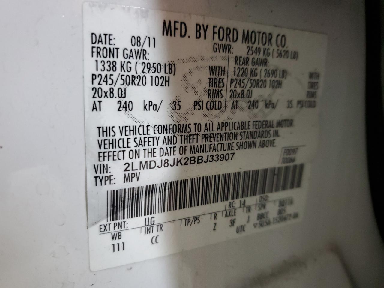 2011 Lincoln Mkx VIN: 2LMDJ8JK2BBJ33907 Lot: 92167295