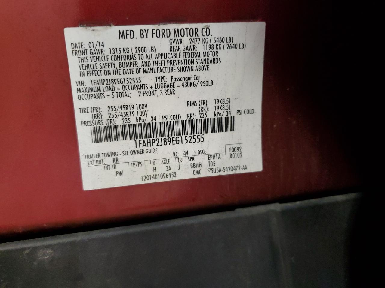 2014 Ford Taurus Limited VIN: 1FAHP2J89EG152555 Lot: 90792015