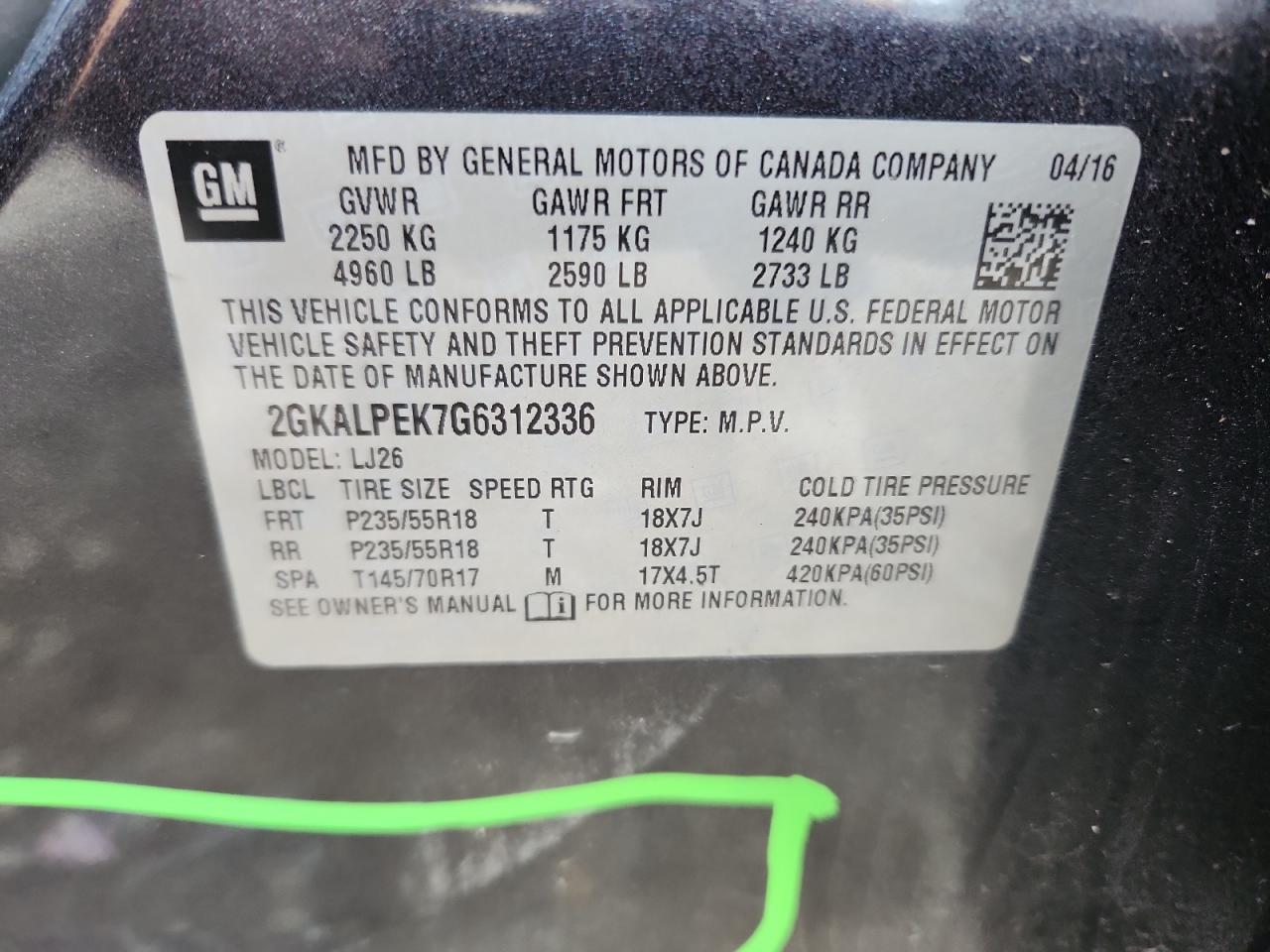 2016 GMC Terrain Slt VIN: 2GKALPEK7G6312336 Lot: 92874805