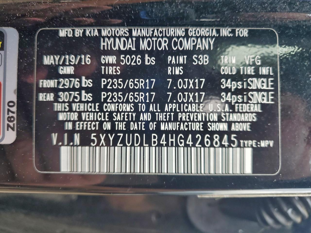 2017 Hyundai Santa Fe Sport VIN: 5XYZUDLB4HG426845 Lot: 93627005