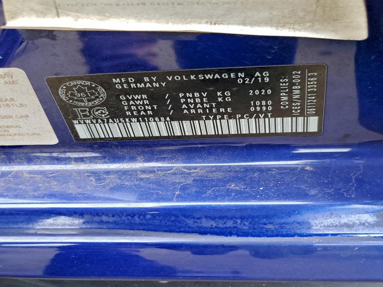 2019 Volkswagen Golf R VIN: WVWVA7AU5KW110684 Lot: 93621455