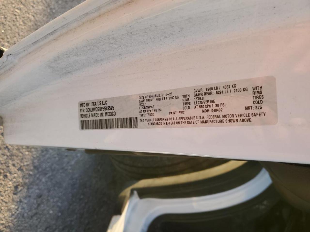 2023 Ram Promaster Utility / Service Van VIN: 3C6LRVCG8PE549575 Lot: 82489015