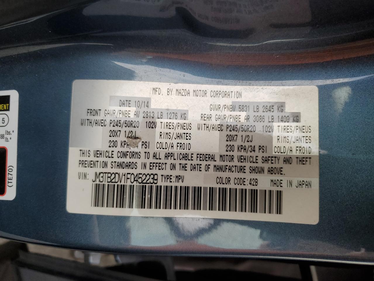 2015 Mazda Cx-9 Grand Touring VIN: JM3TB2DV1F0452239 Lot: 92216985