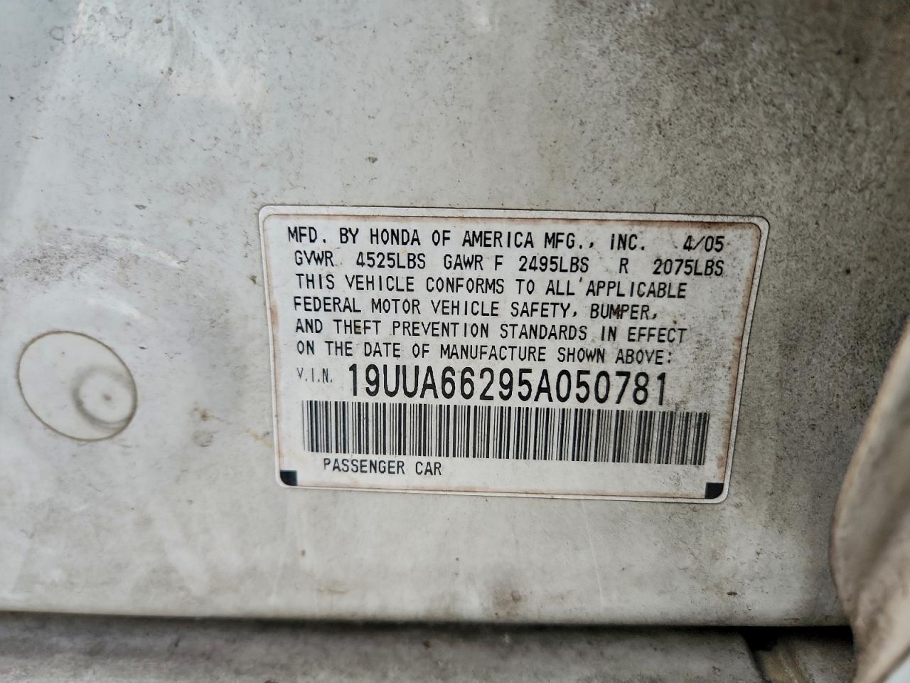 2005 Acura Tl VIN: 19UUA66295A050781 Lot: 94125695
