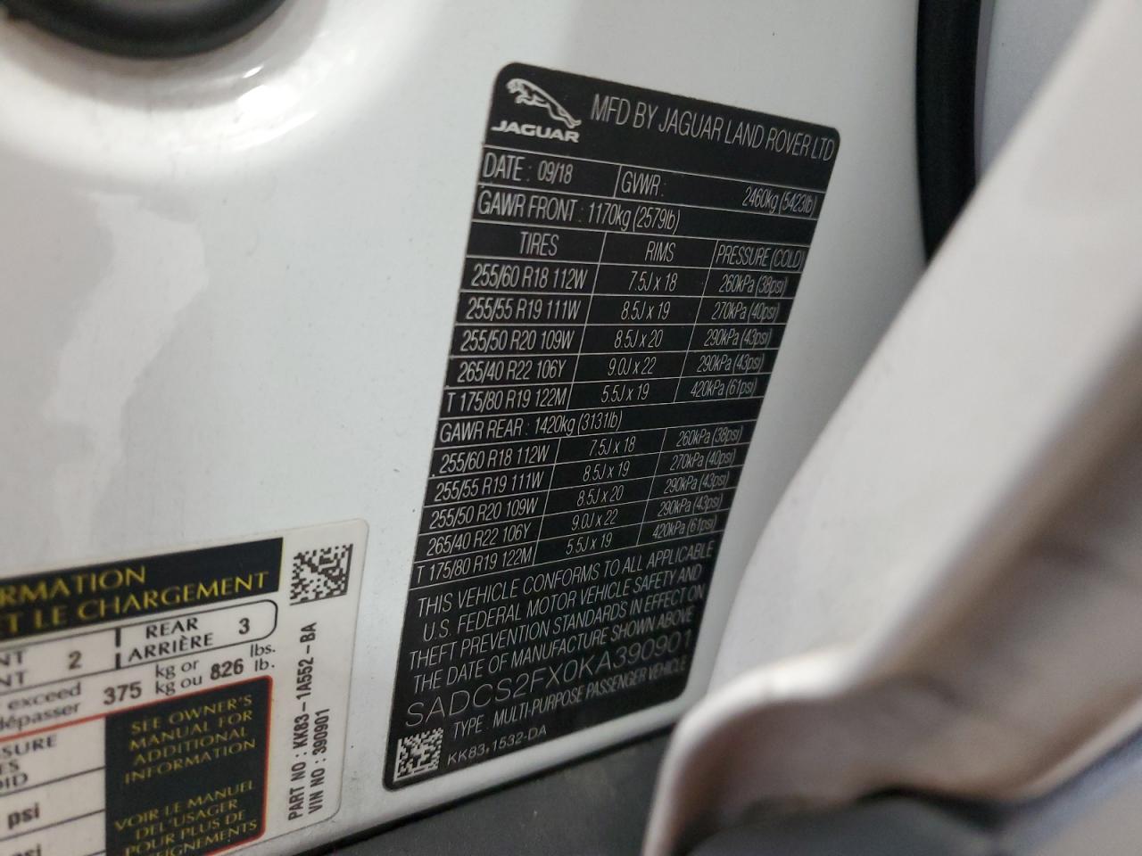 2019 Jaguar F-Pace VIN: SADCS2FX0KA390901 Lot: 92207895