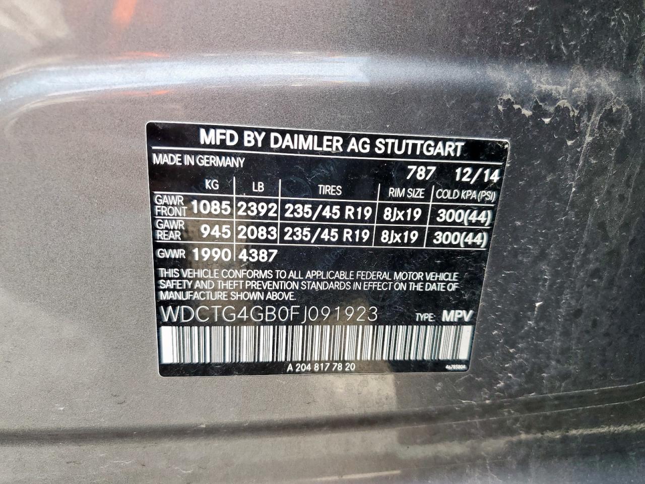 2015 Mercedes-Benz Gla 250 4Matic VIN: WDCTG4GB0FJ091923 Lot: 92689655