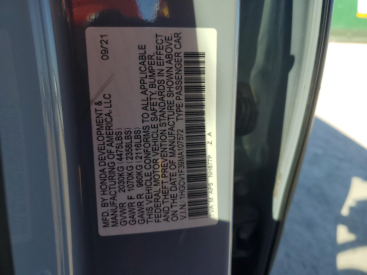 2021 Honda Accord Sport VIN: 1HGCV1F39MA107572 Lot: 92384765