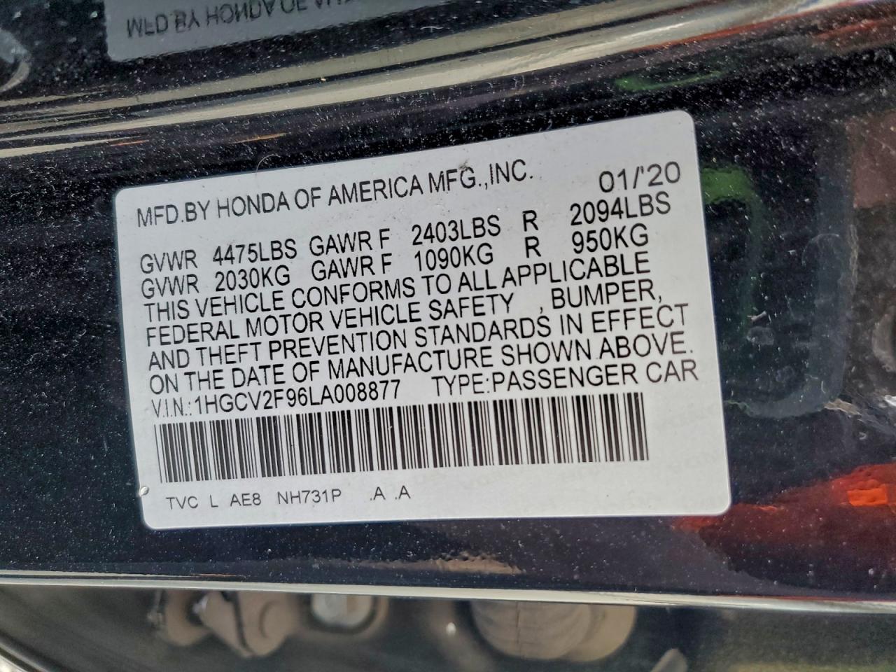 2020 Honda Accord Touring VIN: 1HGCV2F96LA008877 Lot: 94301715