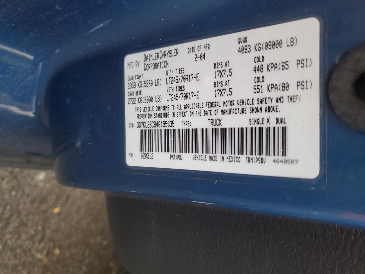 2004 Dodge Ram 2500 St VIN: 3D7KU28C84G195635 Lot: 91688545