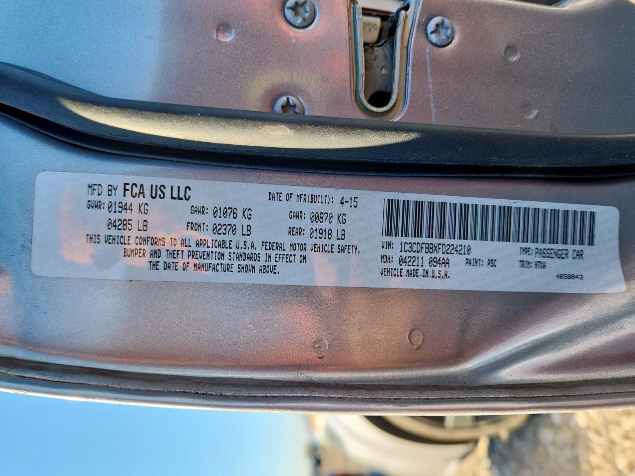 2015 Dodge Dart Sxt VIN: 1C3CDFBBXFD224210 Lot: 90989715