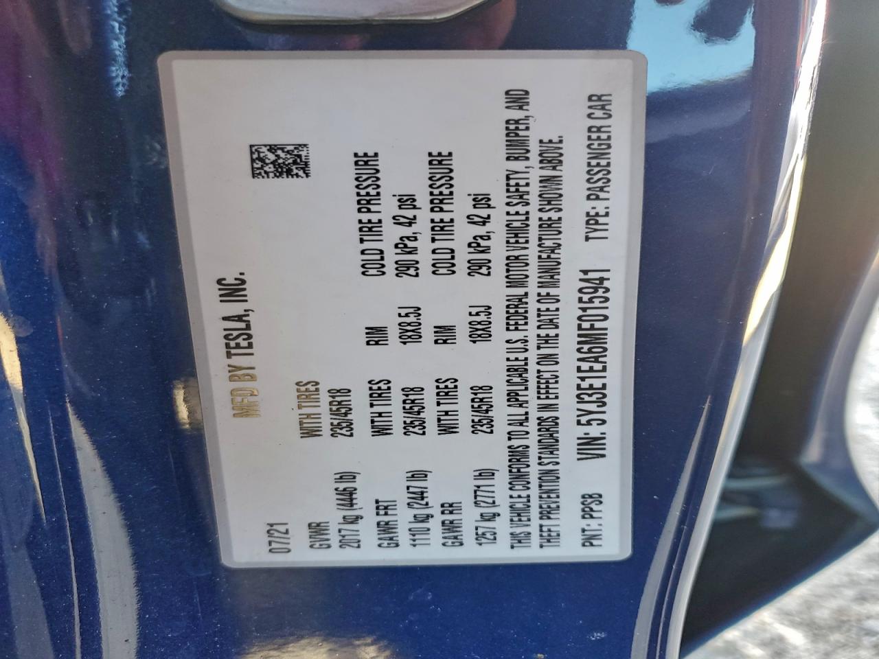 2021 Tesla Model 3 VIN: 5YJ3E1EA6MF015941 Lot: 93033075