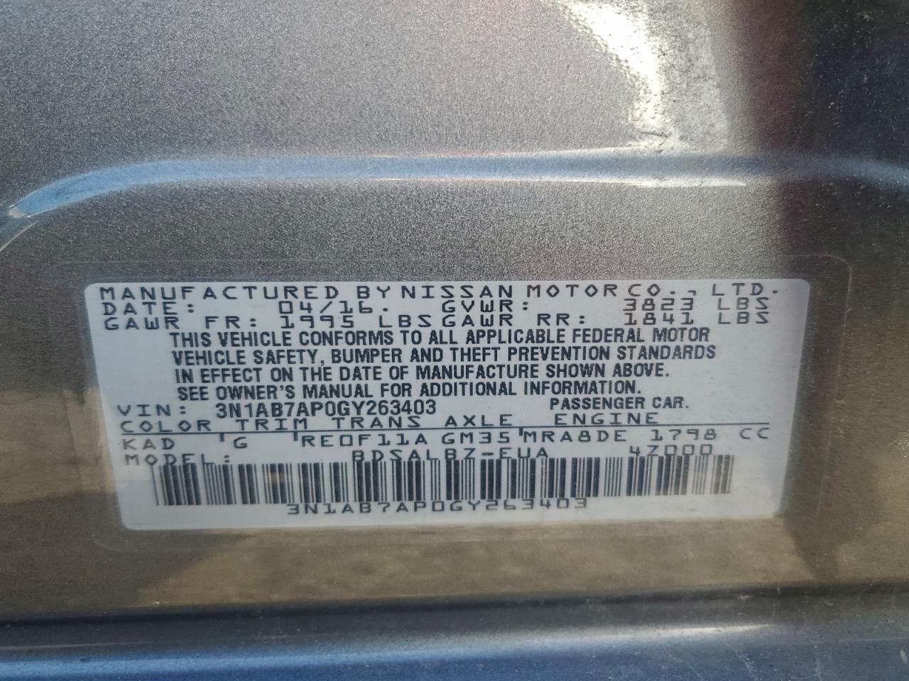 2016 Nissan Sentra S VIN: 3N1AB7AP0GY263403 Lot: 93978365