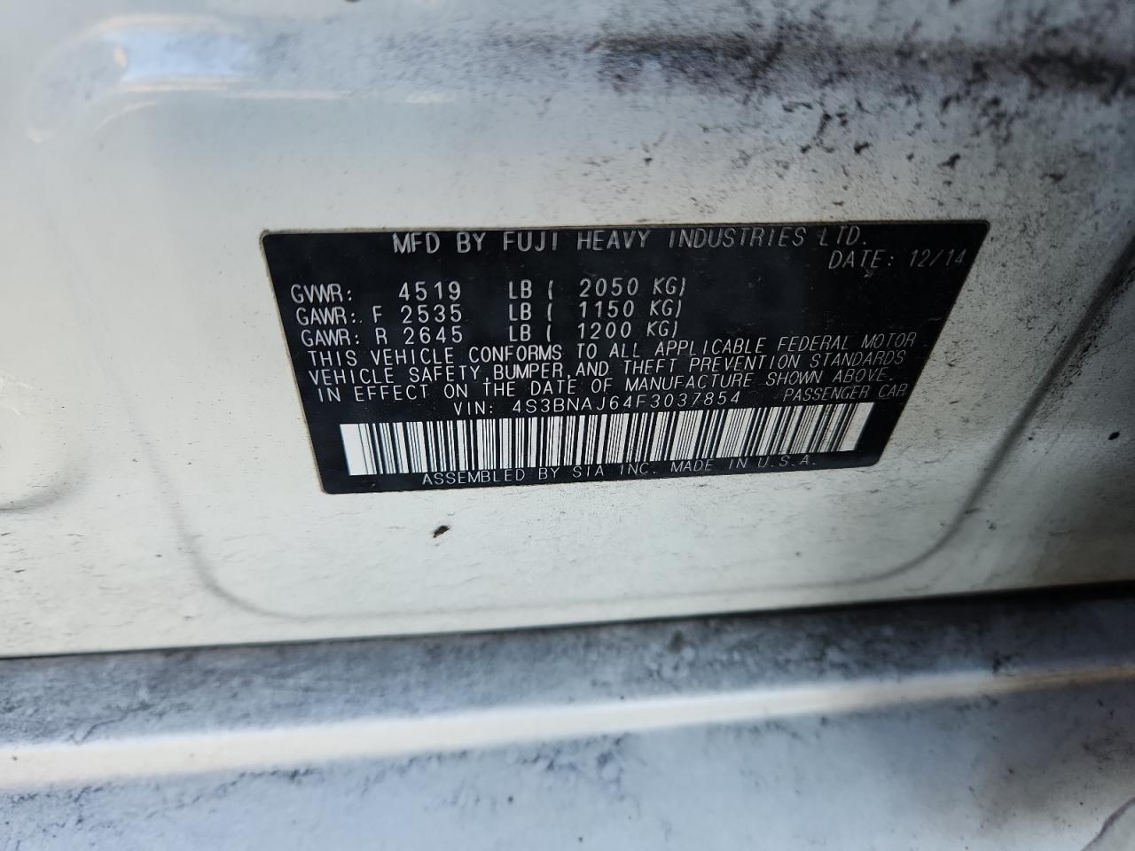 2015 Subaru Legacy 2.5I Limited VIN: 4S3BNAJ64F3037854 Lot: 92329325