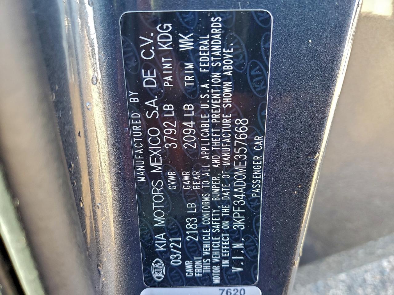 2021 Kia Forte Gt Line VIN: 3KPF34AD0ME357668 Lot: 94152365