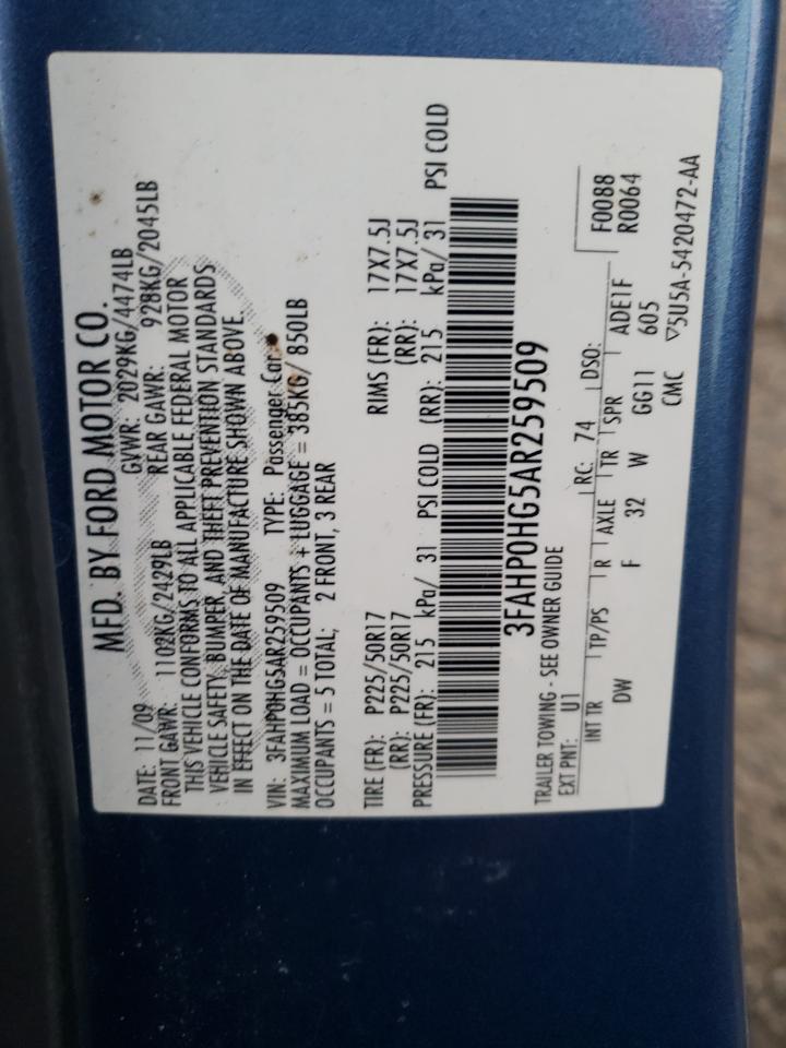 2010 Ford Fusion Se VIN: 3FAHP0HG5AR259509 Lot: 93268645