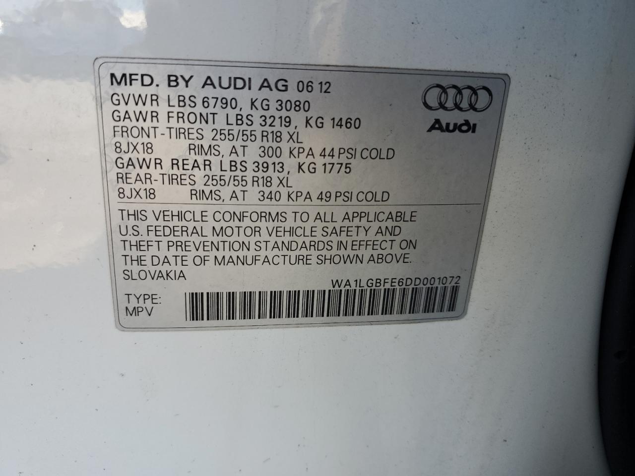 2013 Audi Q7 Premium Plus VIN: WA1LGBFE6DD001072 Lot: 91415505