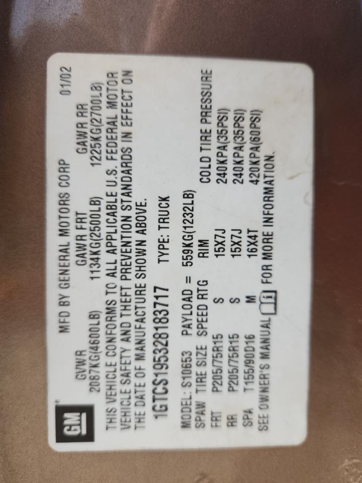 2002 GMC Sonoma VIN: 1GTCS195328183717 Lot: 91865255