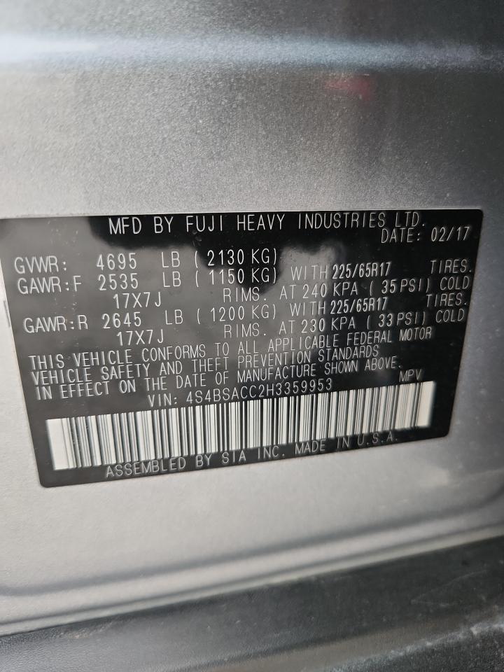 2017 Subaru Outback 2.5I Premium VIN: 4S4BSACC2H3359953 Lot: 92205635