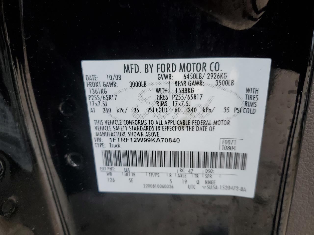 2009 Ford F150 VIN: 1FTRF12W99KA70840 Lot: 93532535