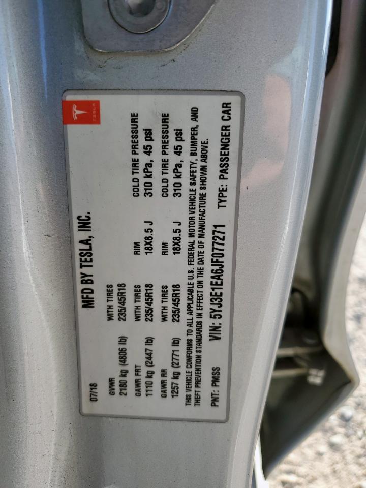 2018 Tesla Model 3 VIN: 5YJ3E1EA6JF077271 Lot: 91170475