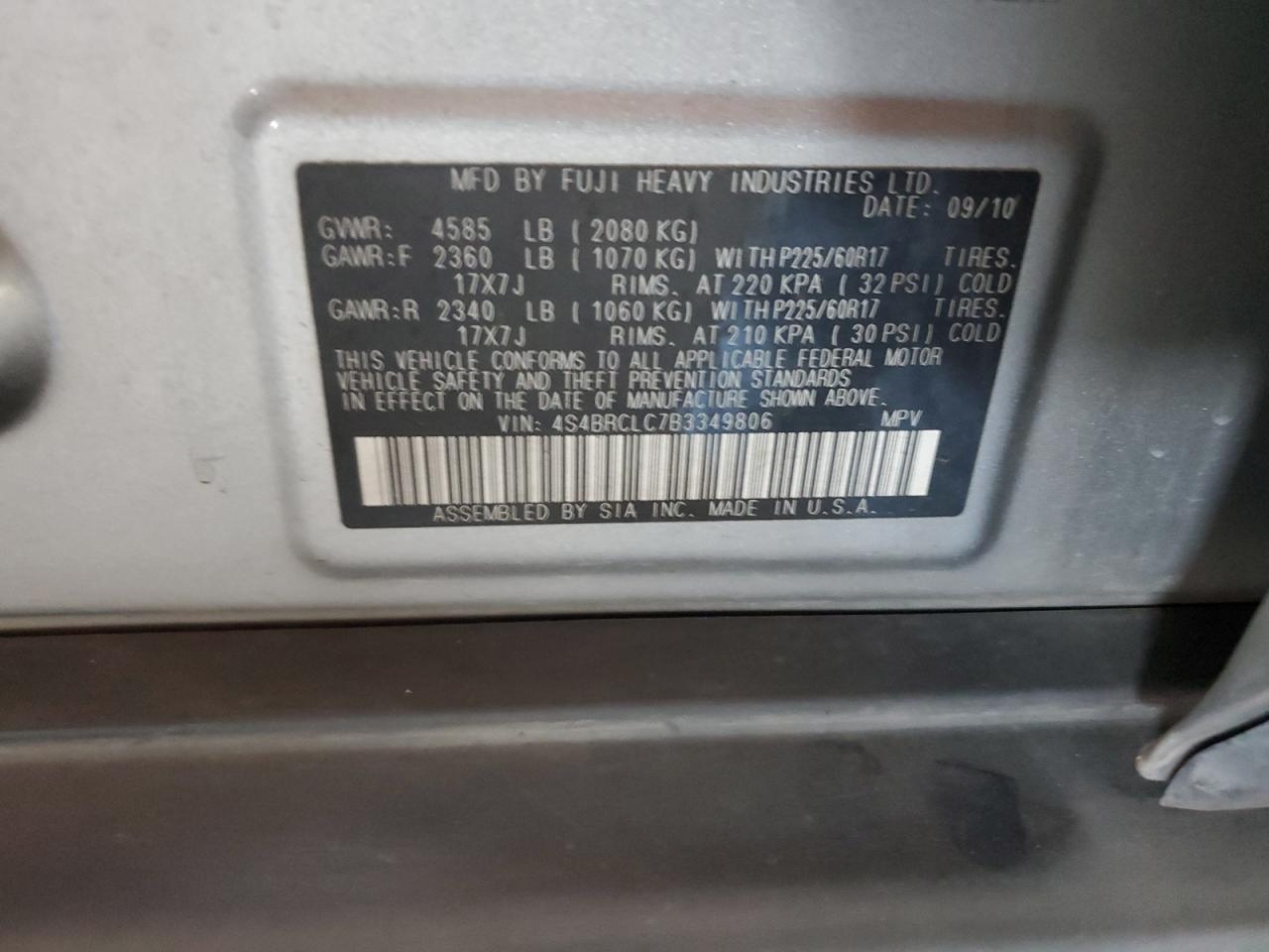 2011 Subaru Outback 2.5I Limited VIN: 4S4BRCLC7B3349806 Lot: 91045845