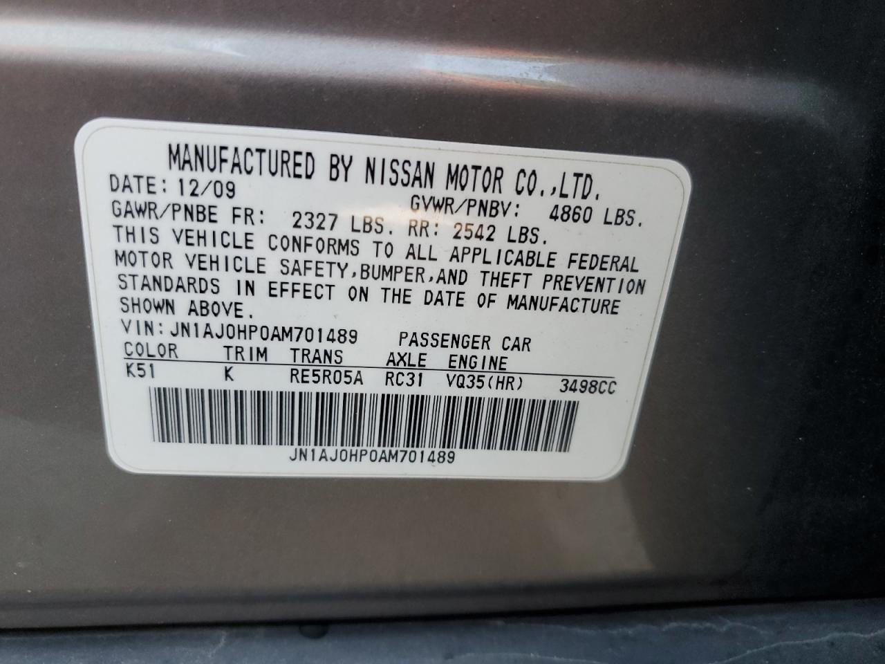 2010 Infiniti Ex35 Base VIN: JN1AJ0HP0AM701489 Lot: 90763685